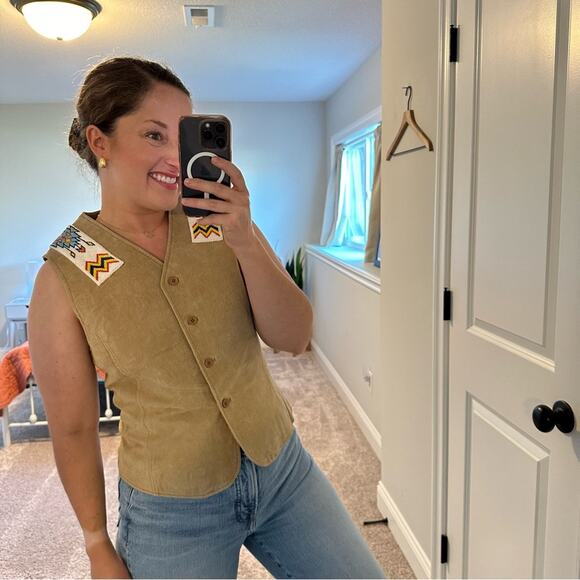 Vintage Outbrook Tan Leather Beaded Button Down Top Vest Medium - Picture 2 of 11